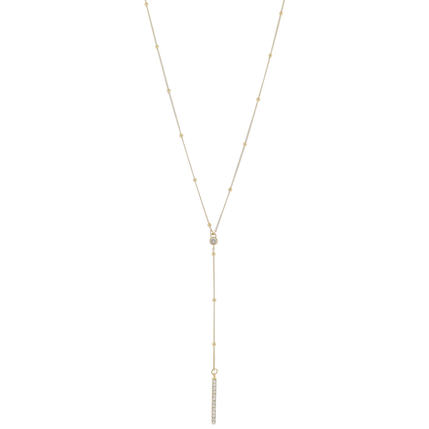 Adj. Gold Satellite Chain with Gold Crystal and Crystal Bar Lariat Drop Necklace, 3.75" Pendant