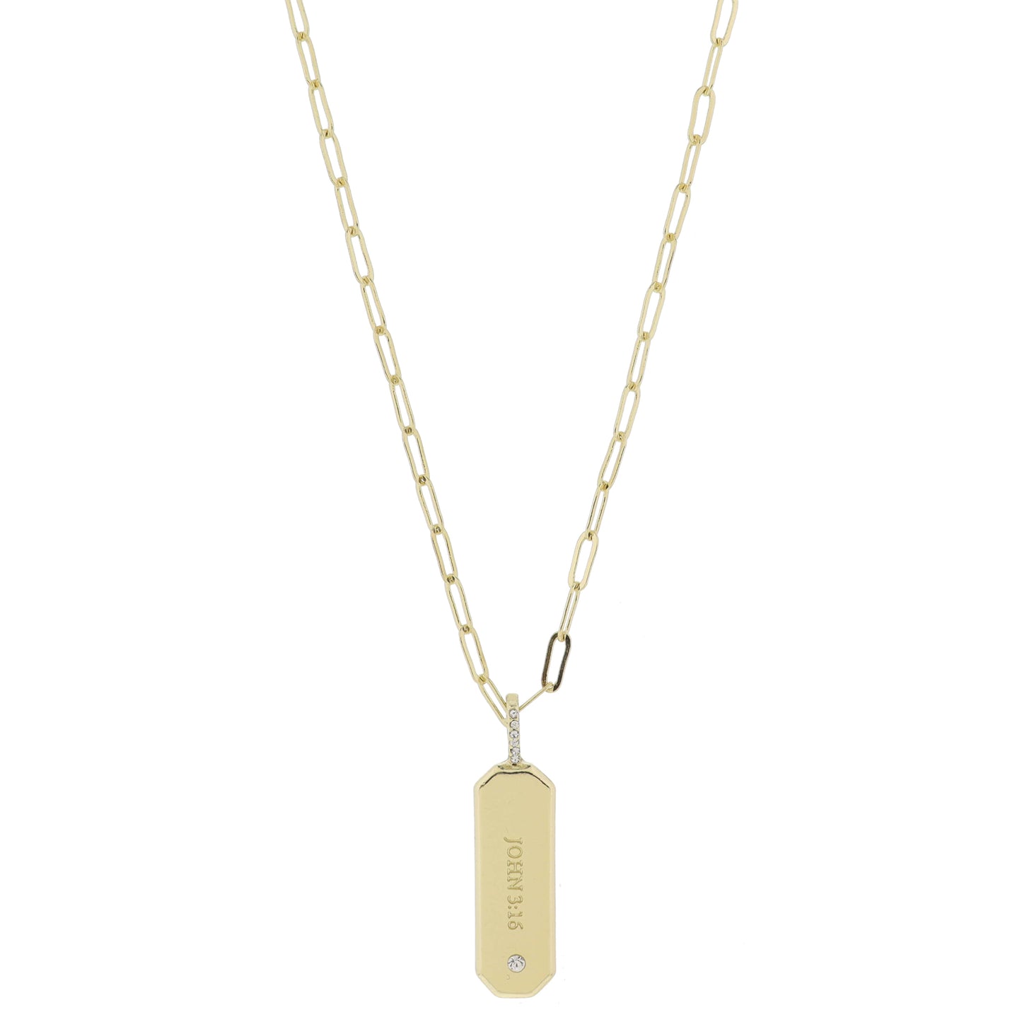 16" Gold Enlongated Cut Corner Rectangle with "JOHN 3:16" and Crystal Accents Necklace, 3" Ext