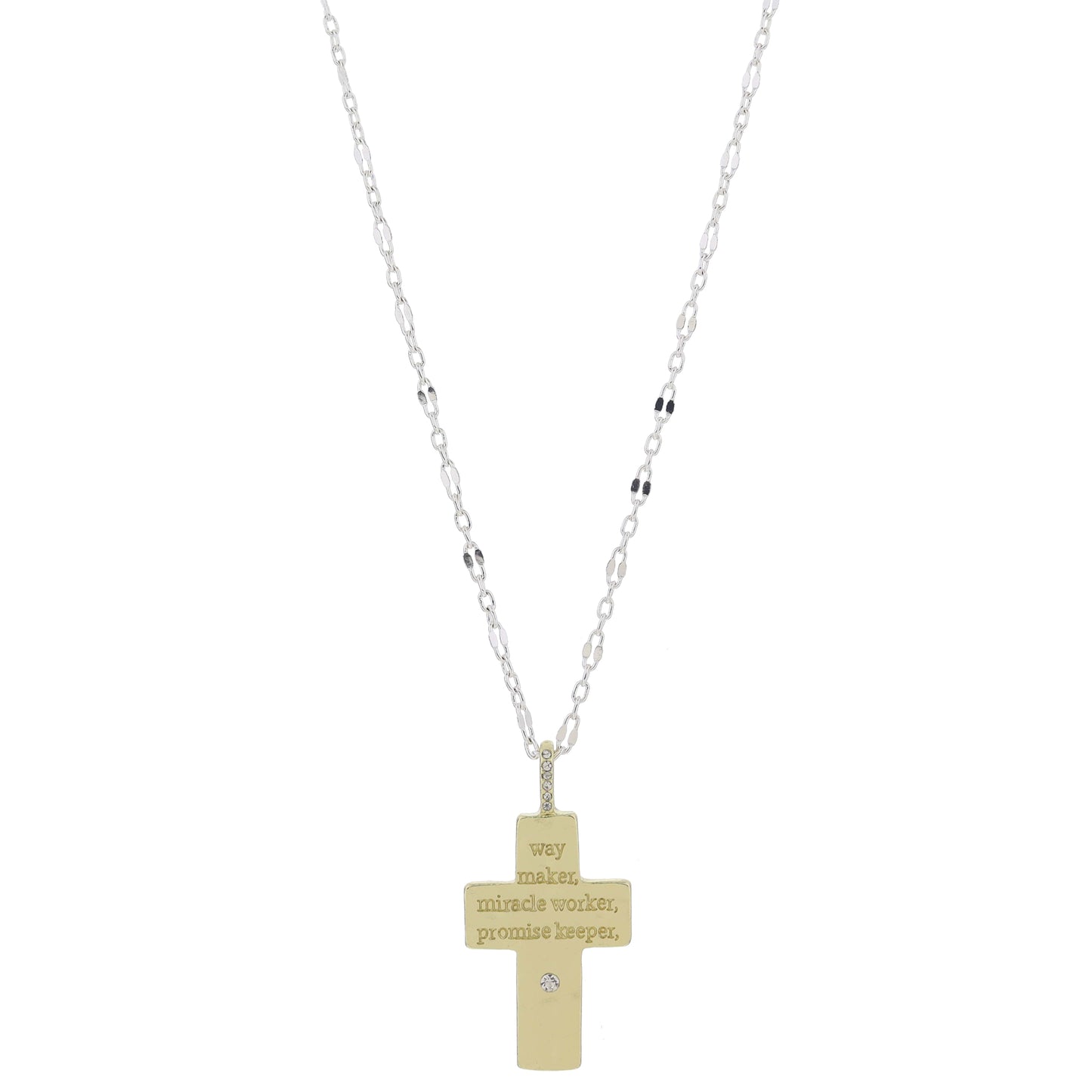 16" Gold Cross with "way maker, miracle worker, promise keeper" & Crystal Accents Necklace, 3" Ext
