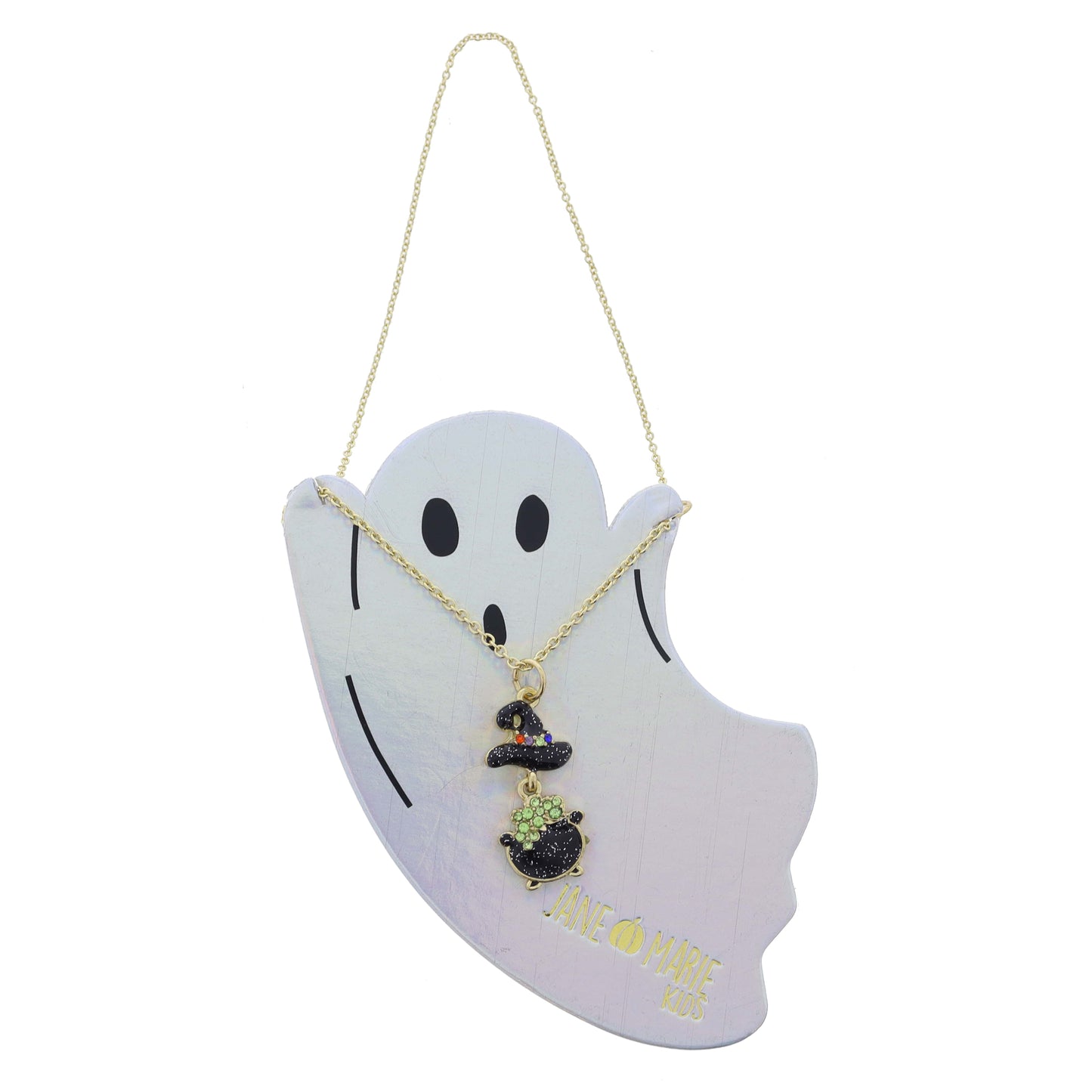 Kids Black Glitter with Crystal Witch Hat, Green Crystal, Cauldron Dangle Necklace, .85" Pendants