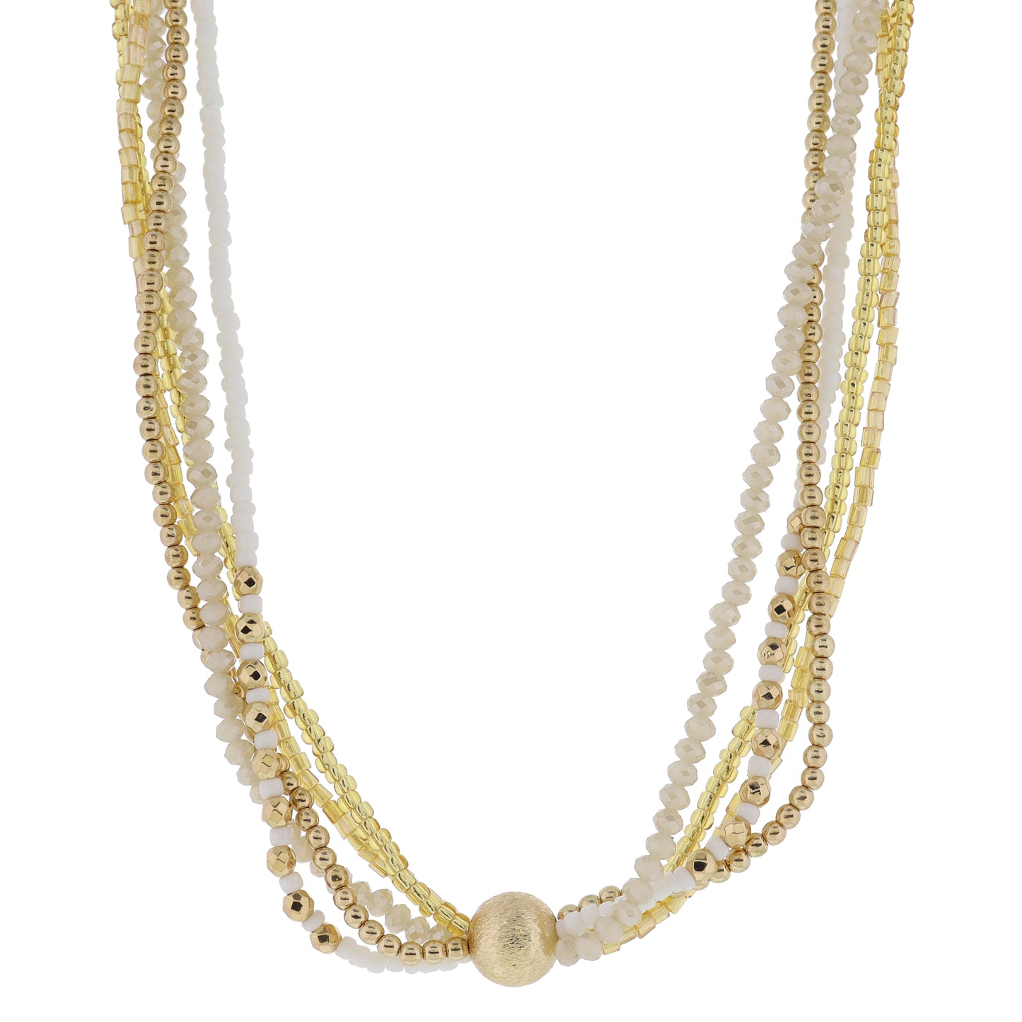 16" 5 Strand Coordinating Gold & White Beaded with Chunky Center Textured Ball Necklace, 3" Ext