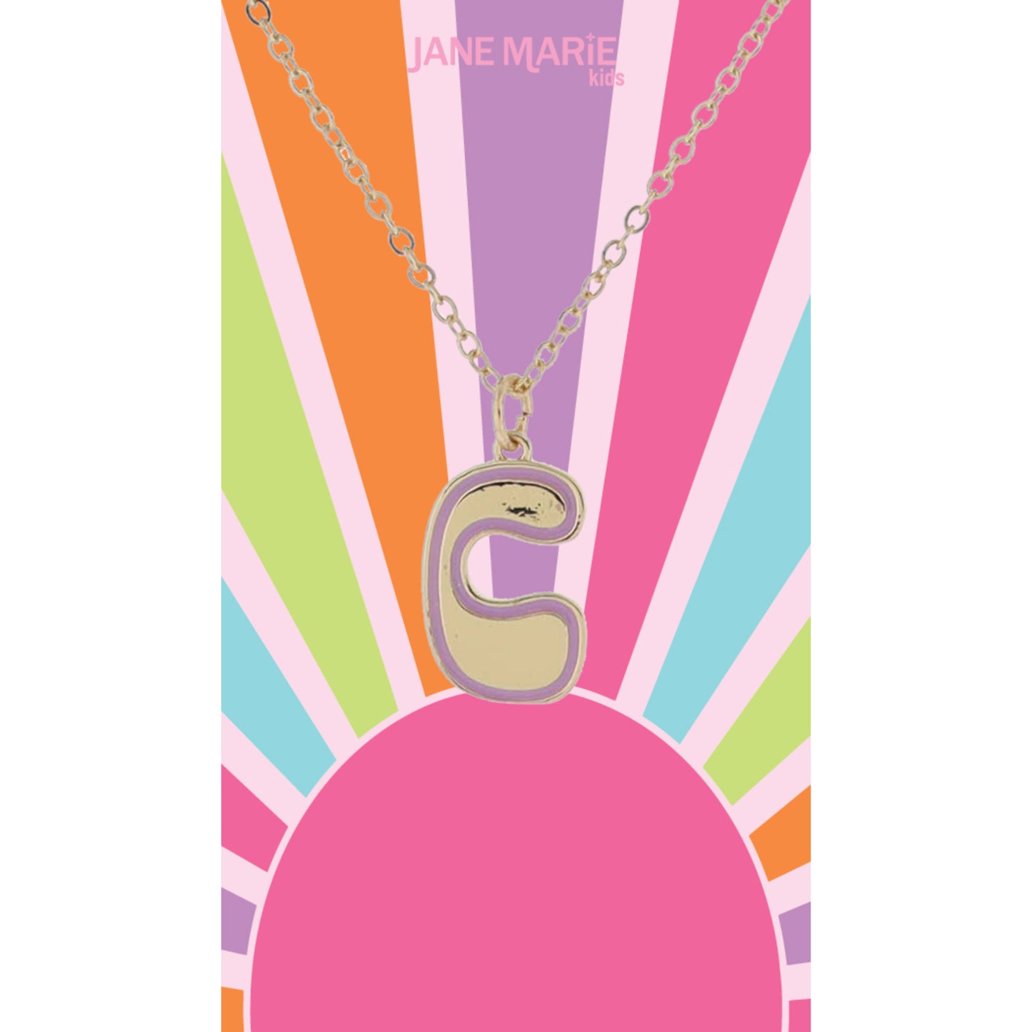 Kids Gold Retro Bubble "C" Initial with Lavender Enamel Outline Necklace, 14"