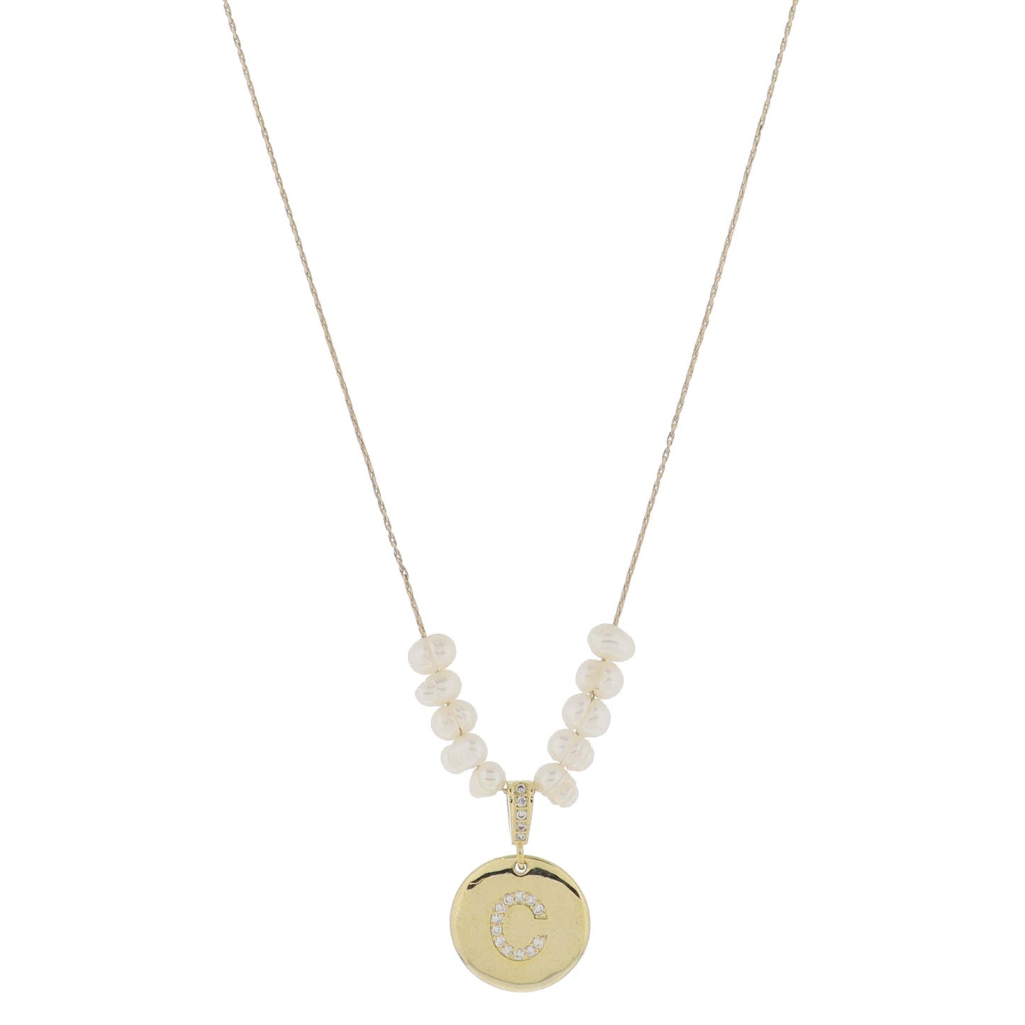 Small Freshwater Pearls and Pave Crystal Loop with Pave Crystal "C" Initial Gold Disc Adj. Necklace