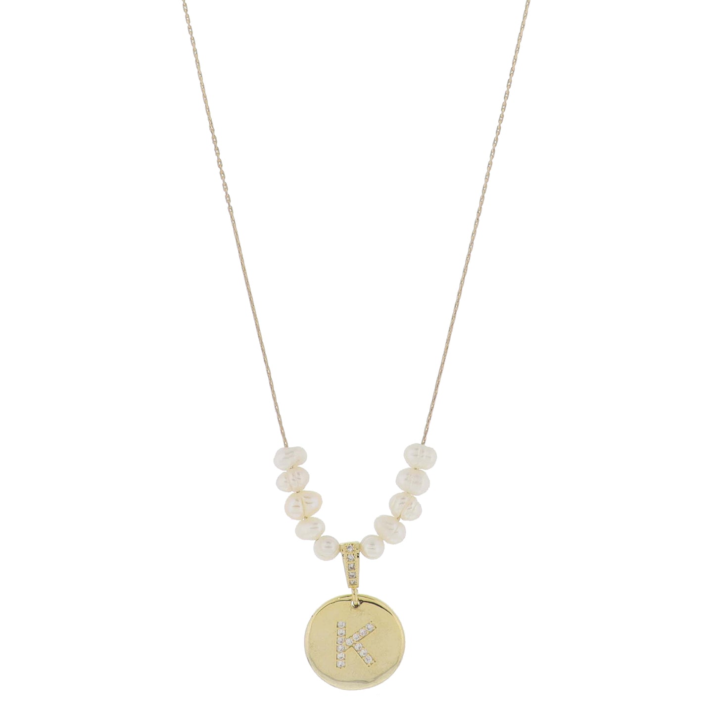 Small Freshwater Pearls and Pave Crystal Loop with Pave Crystal "K" Initial Gold Disc Adj. Necklace