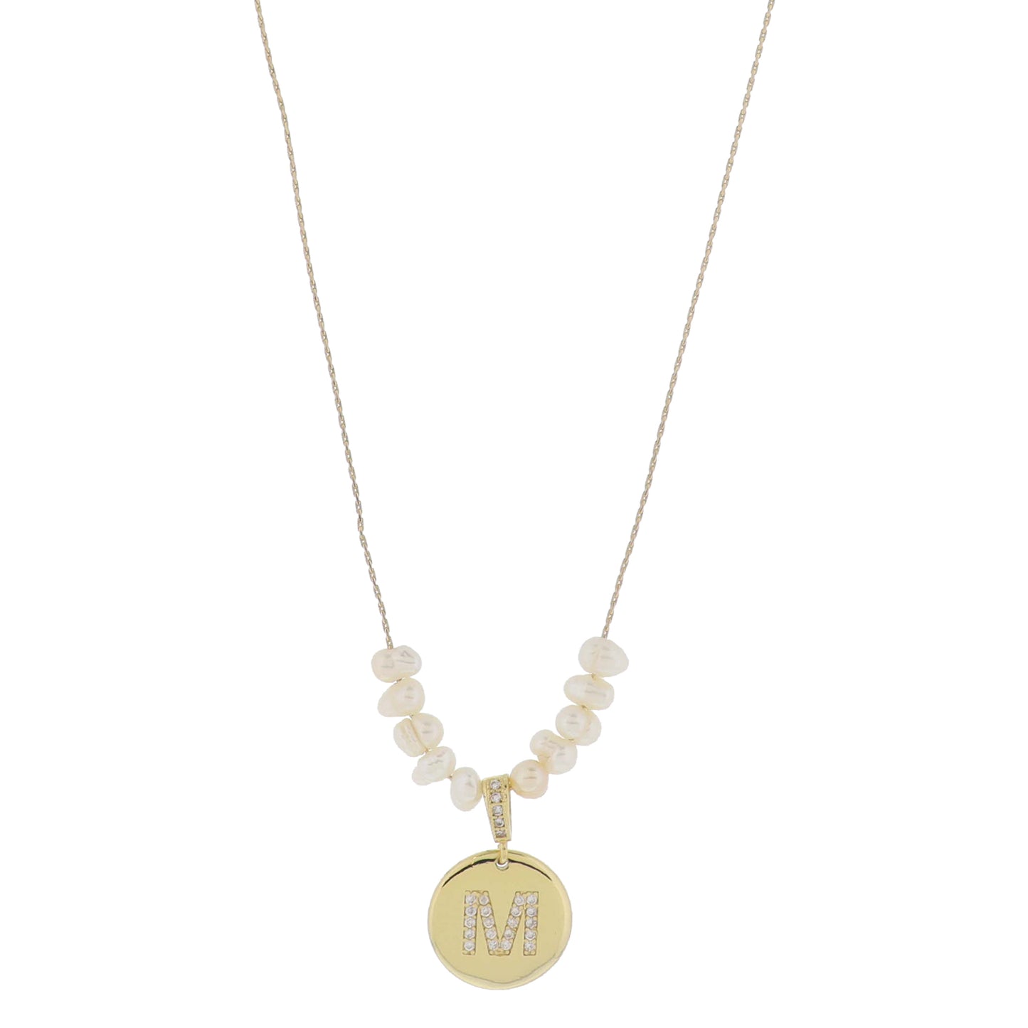 Small Freshwater Pearls and Pave Crystal Loop with Pave Crystal "M" Initial Gold Disc Adj. Necklace