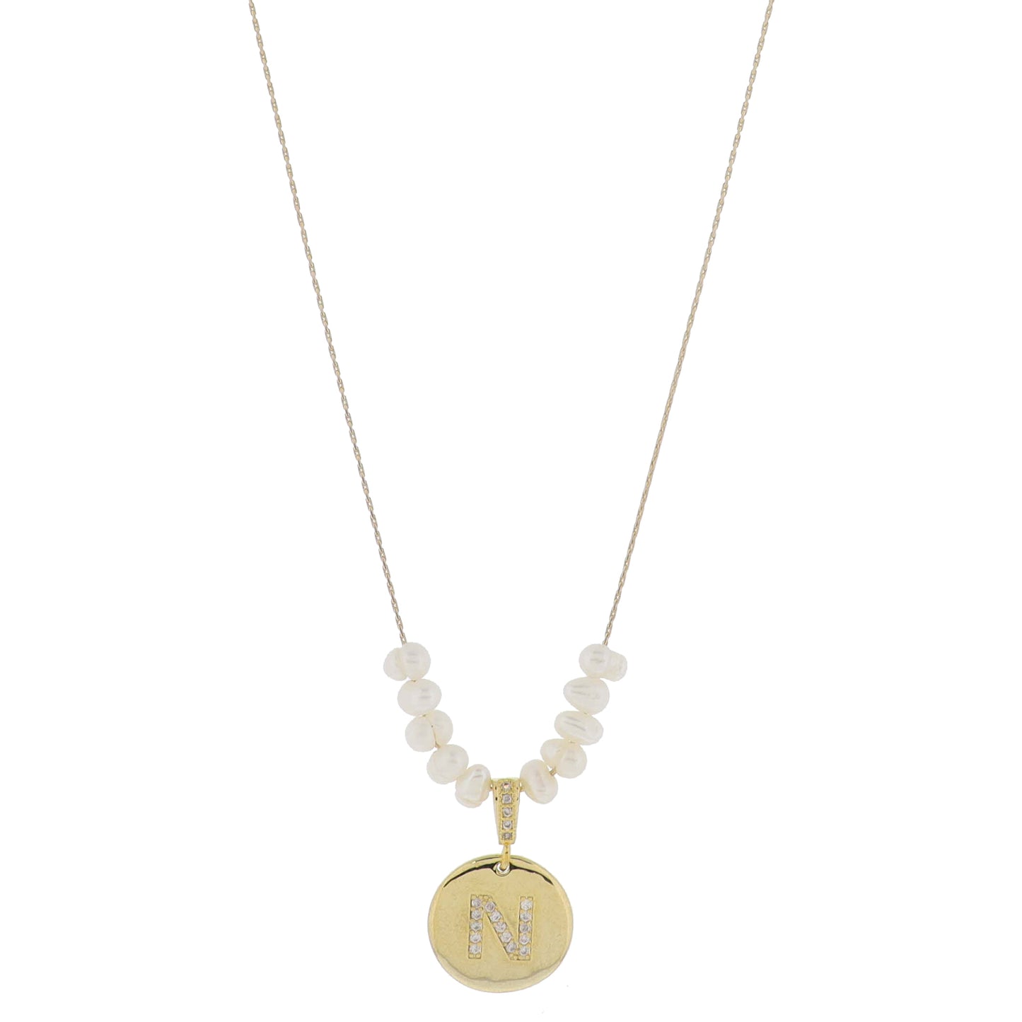 Small Freshwater Pearls and Pave Crystal Loop with Pave Crystal "N" Initial Gold Disc Adj. Necklace