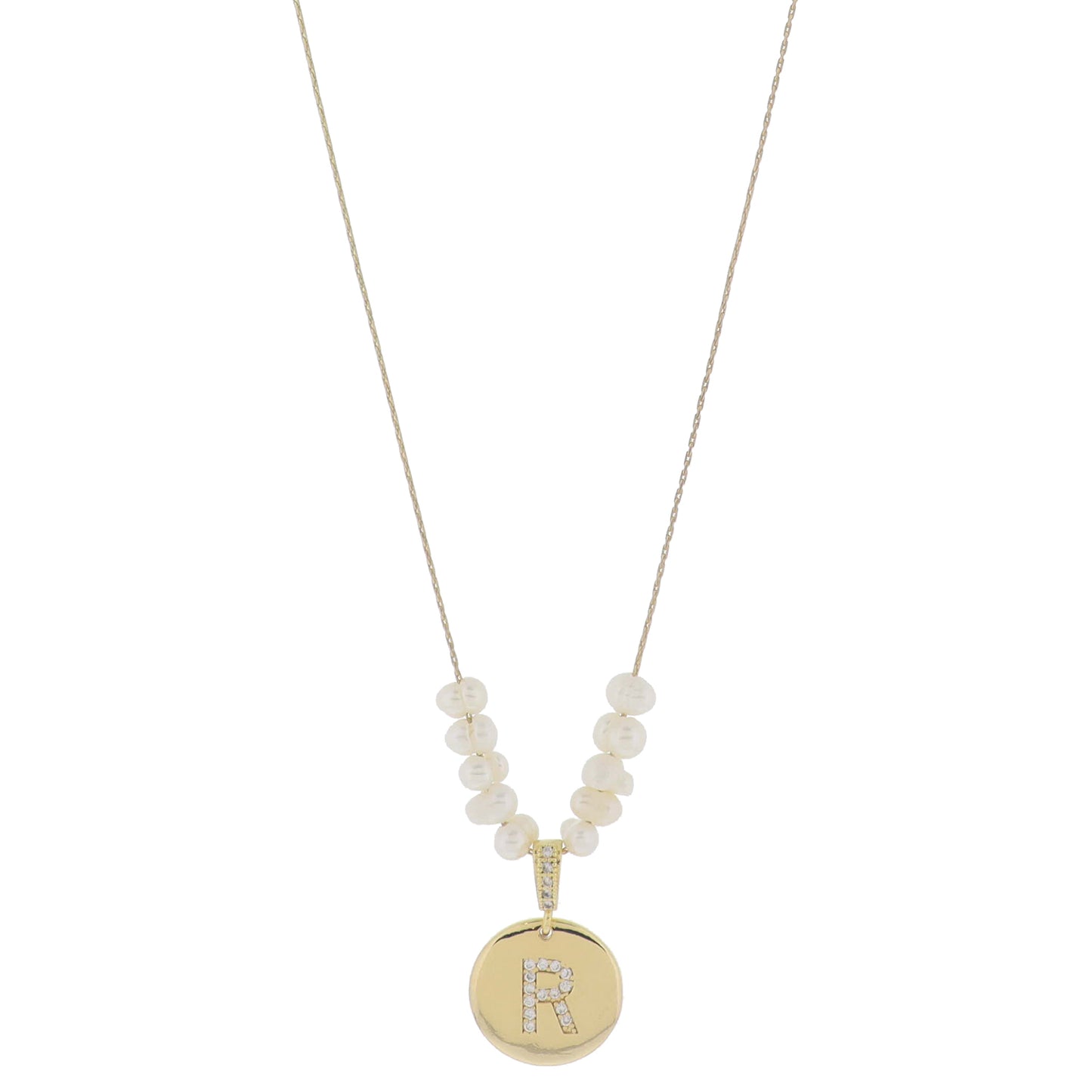 Small Freshwater Pearls and Pave Crystal Loop with Pave Crystal "R" Initial Gold Disc Adj. Necklace