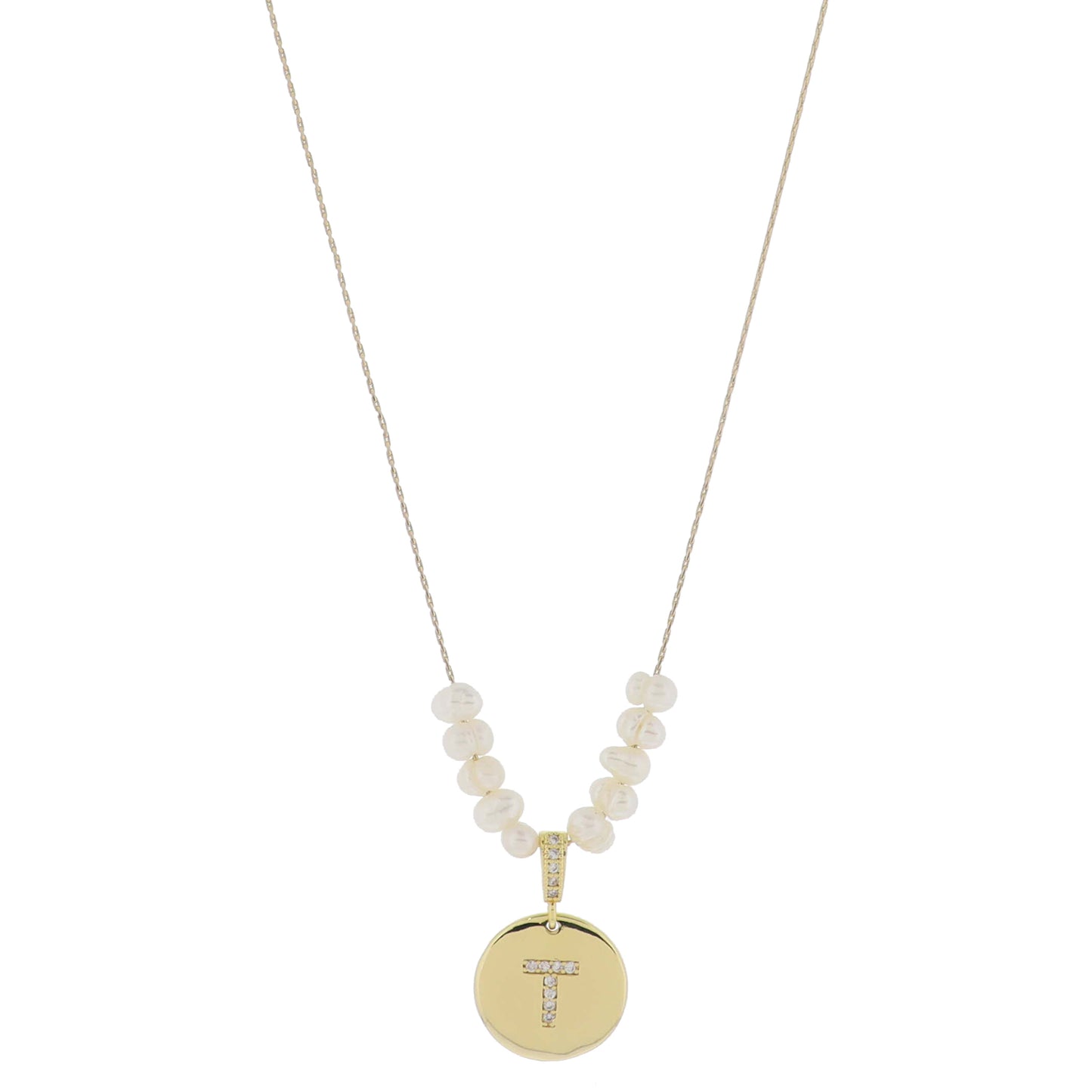 Small Freshwater Pearls and Pave Crystal Loop with Pave Crystal "T" Initial Gold Disc Adj. Necklace