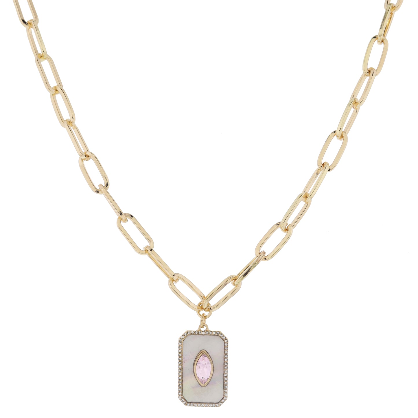 18" White Shell Inlay Rectangle with Pink Marquis Center Crystal Crystal Edge Necklace, 3" Ext