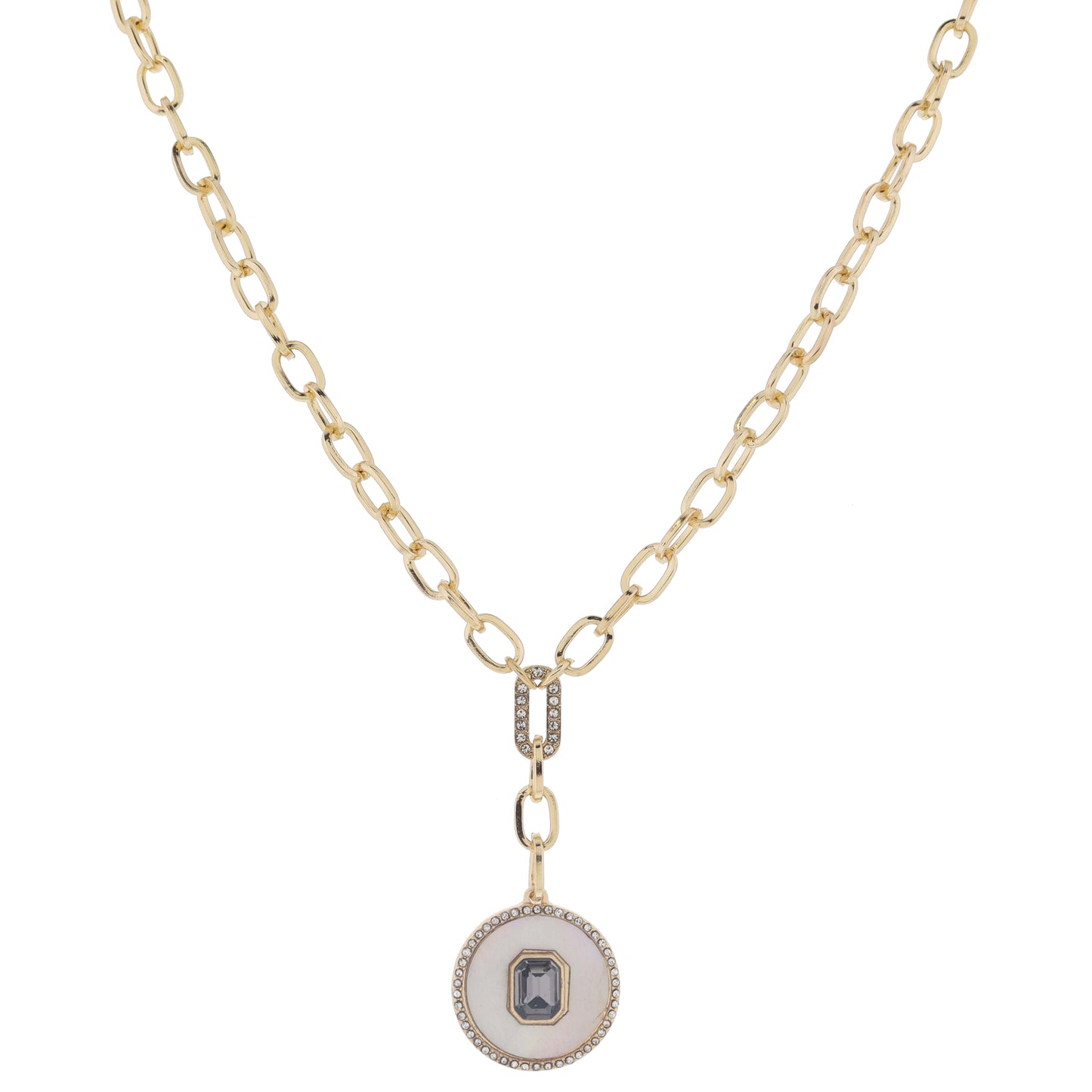 18" Crystal Paperclip Link with Chain Drop & Shell Inlay Disc with Black Crystal Necklace, 3" Ext