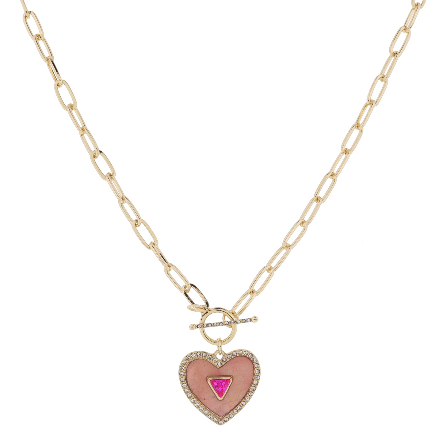18" Crystal Toggle & Pink Shell Inlay Heart with Pink Triangle Crystal & Crystal Edge Necklace, 3" Ext