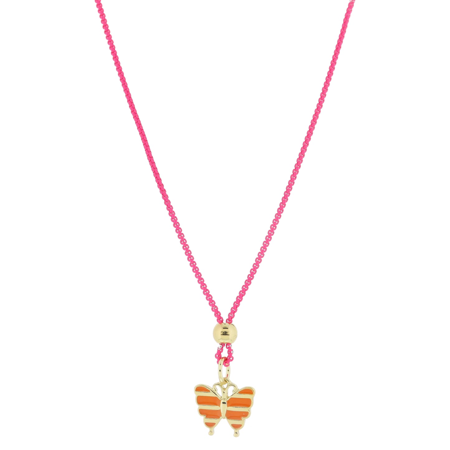 Kids 14" Hot Pink Box Chain with Gold Bead and Orange Enamel Striped Butterfly Necklace, 3" Ext