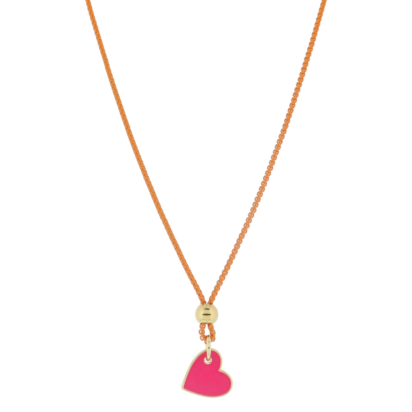 Kids 14" Orange Box Chain with Gold Bead and Hot Pink Enamel Sideways Heart Necklace, 3" Ext