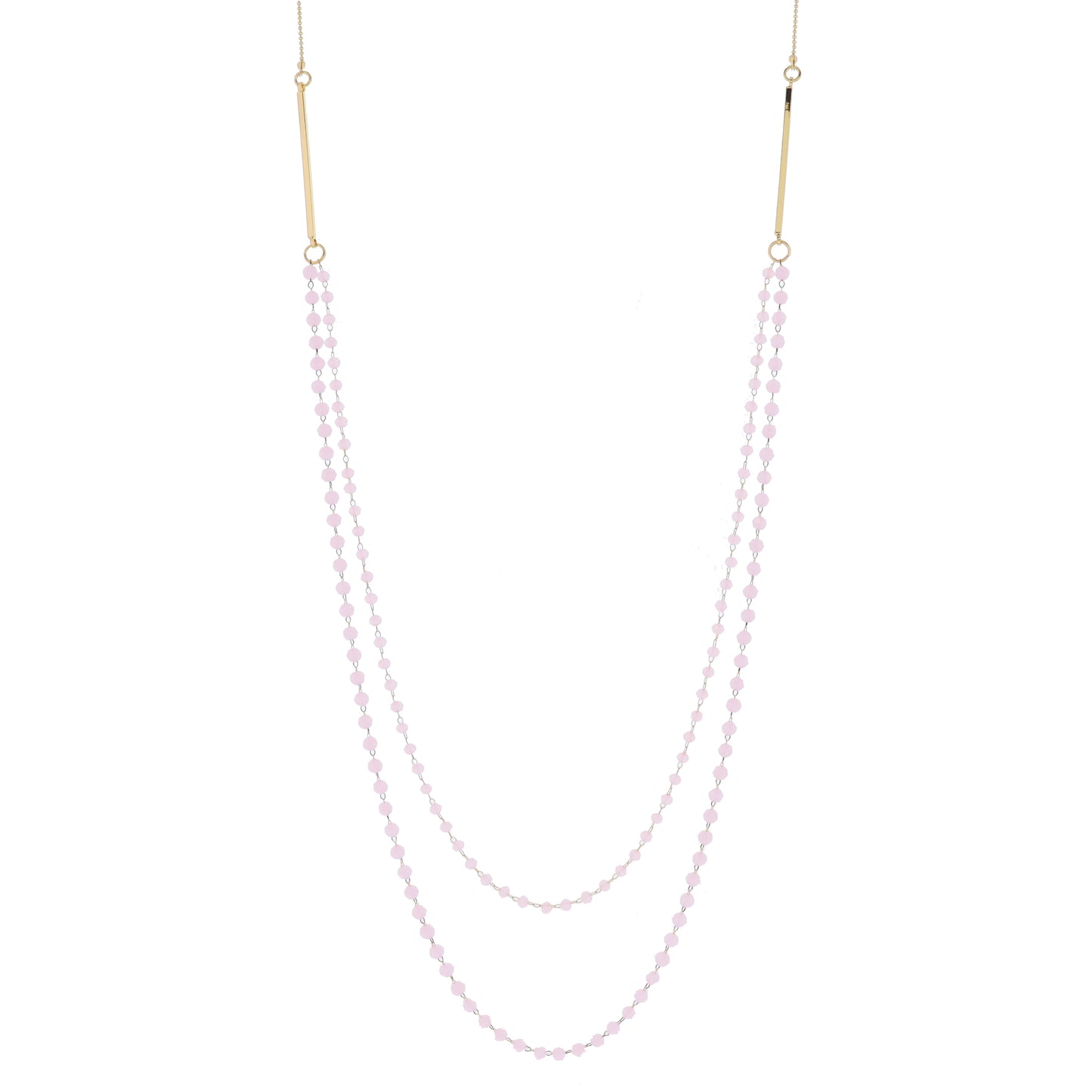 Gold Ball Chain with Gold Bars and 2 Strand Light Pink Faceted Beaded Link Chains Necklace, 3" Ext