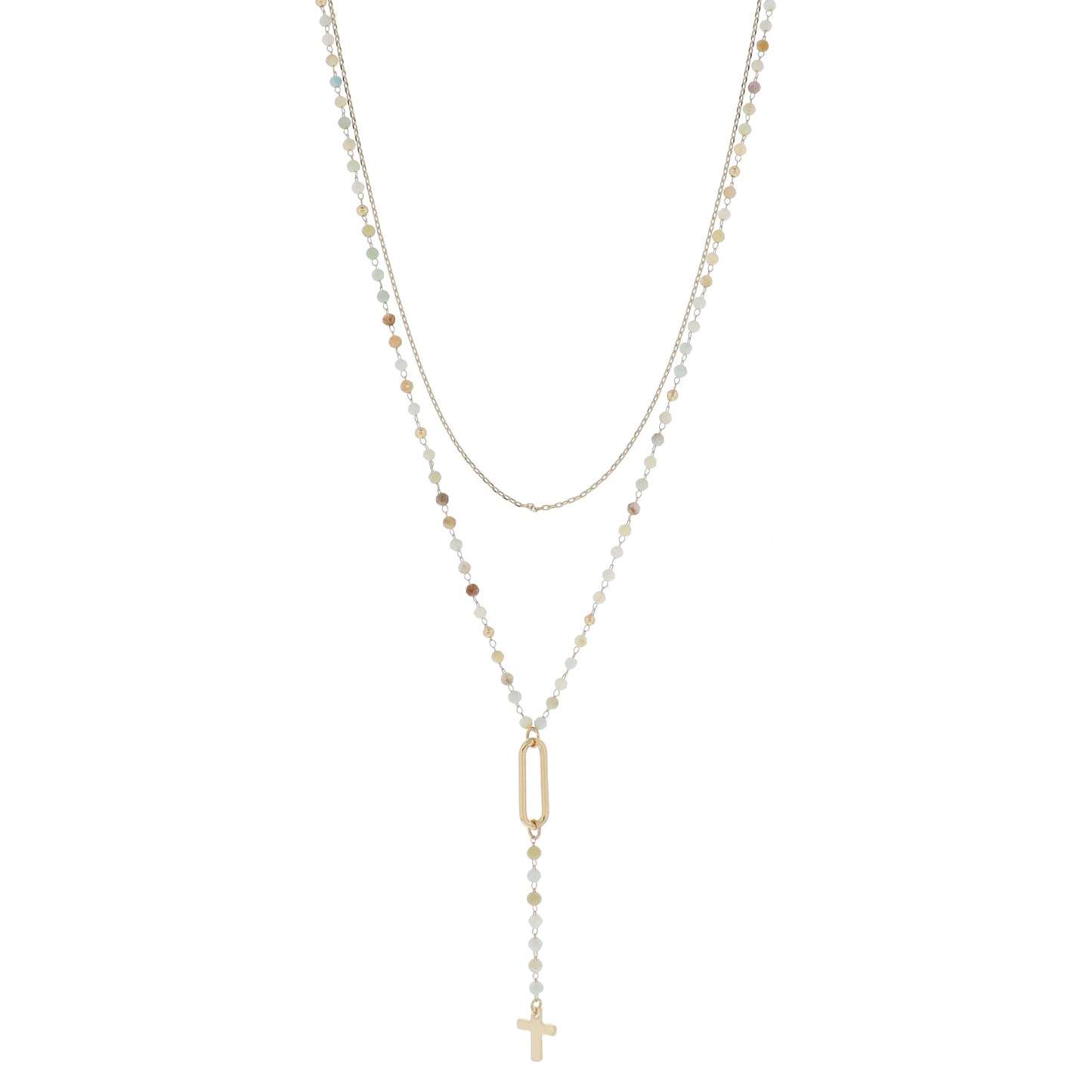 2 Strand Gold Link Chain, Amazonite Bead Link Chain with Link & Y-Drop & Cross Necklace, 3" Ext