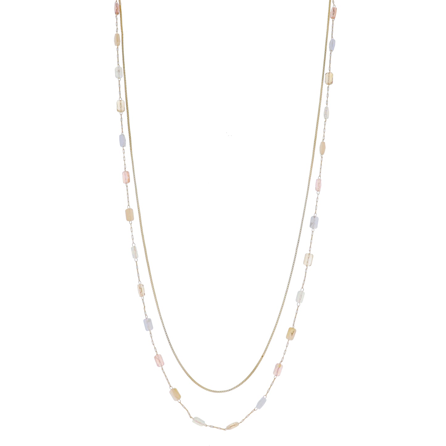 2 Strand Box Chain, Paperclip Chain & Pink, Rose, Greige, Opalite, Champagne Beads Necklace, 3"Ext