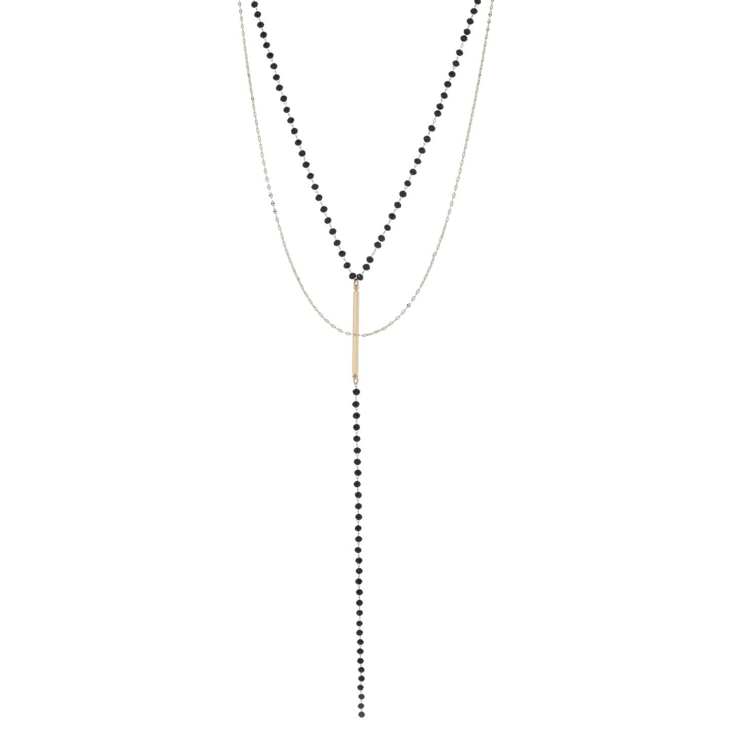 2 Strand Gold Pressed Link Chain, Jet Beaded Link Chain with Gold Bar and Y-Drop Necklace, 3" Ext