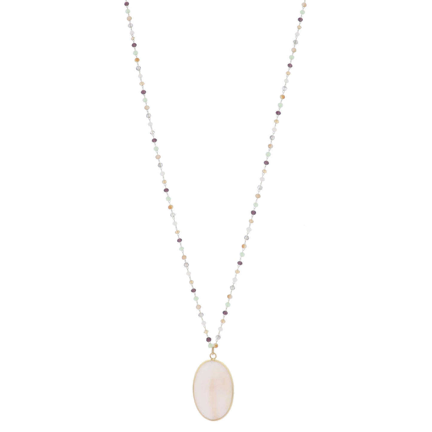 Multi Faceted Beaded Link Chain with Mother of Pearl Oval Pendant Necklace, 3" Ext