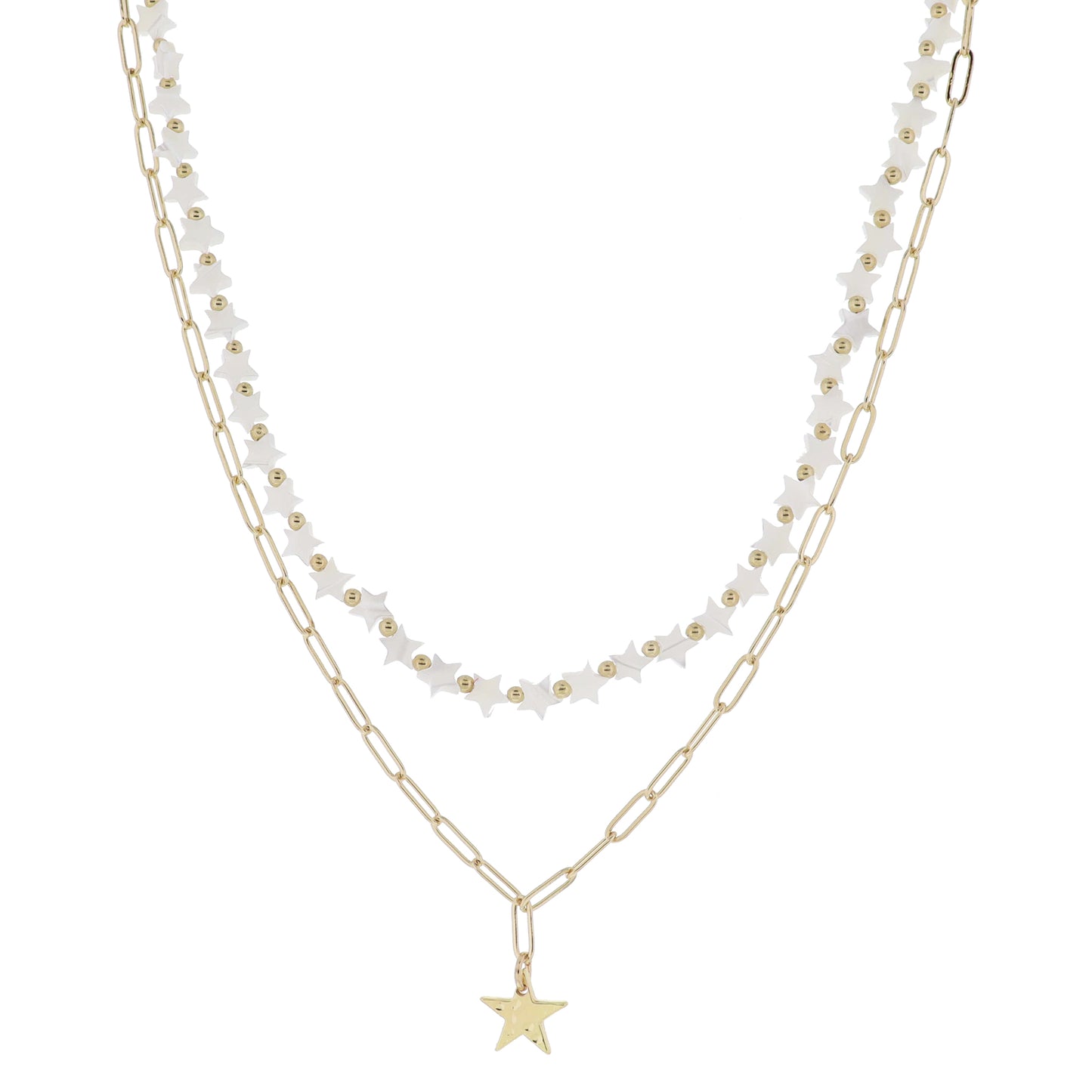 14", 16" 2 Strand White Shell Star Beaded, Gold Paperclip with Hammered Gold Star Necklace, 3" Ext