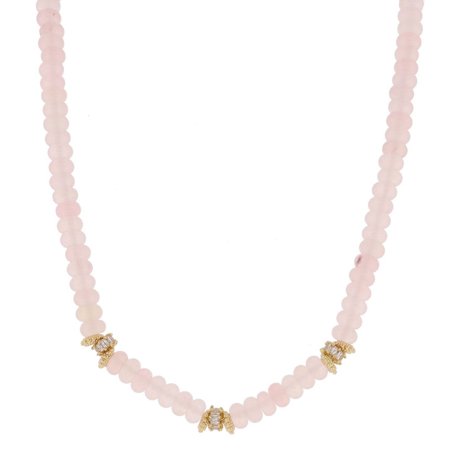 16" Rose Semi-Precious Beaded with Multi Gold and Crystal Rondel Cluster Stations Necklace, 3" Ext