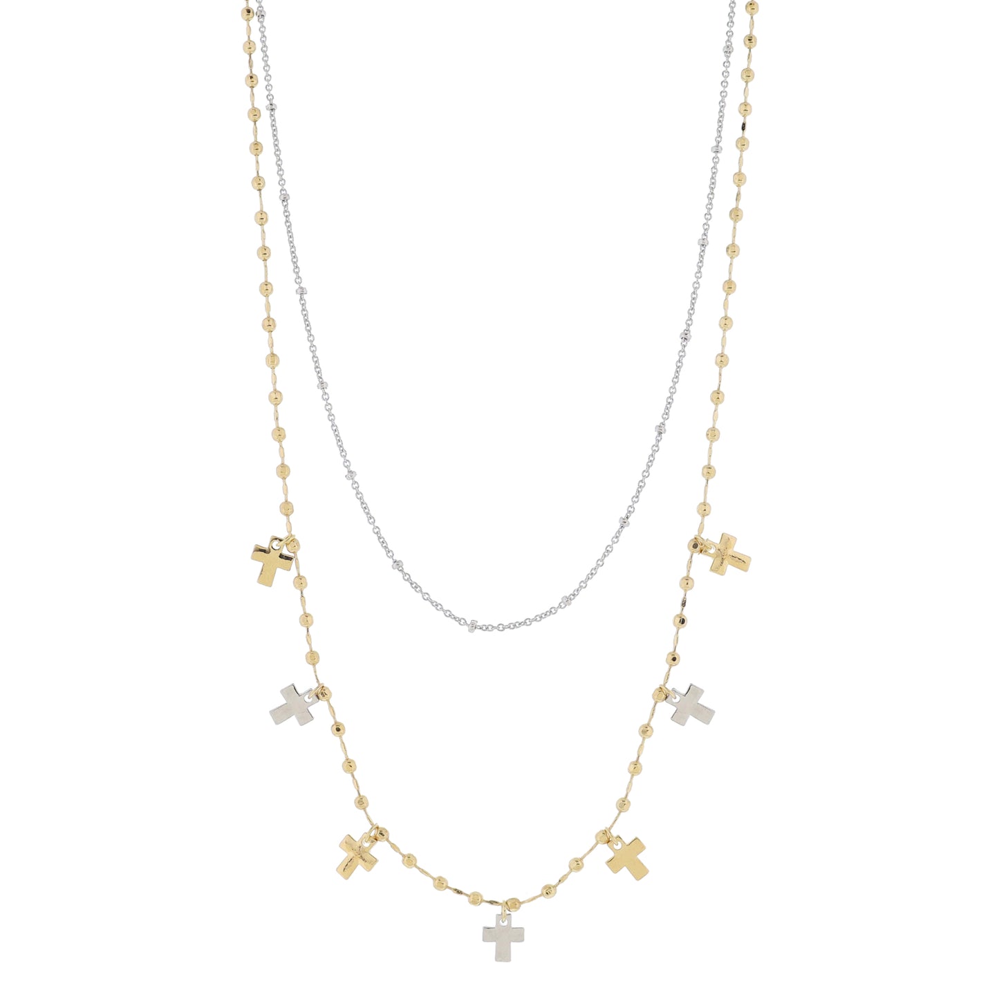 16", 18" Set of 2, Silver Satellite Chain, Gold Chain with Gold & Silver Crosses Necklace, 3" Ext
