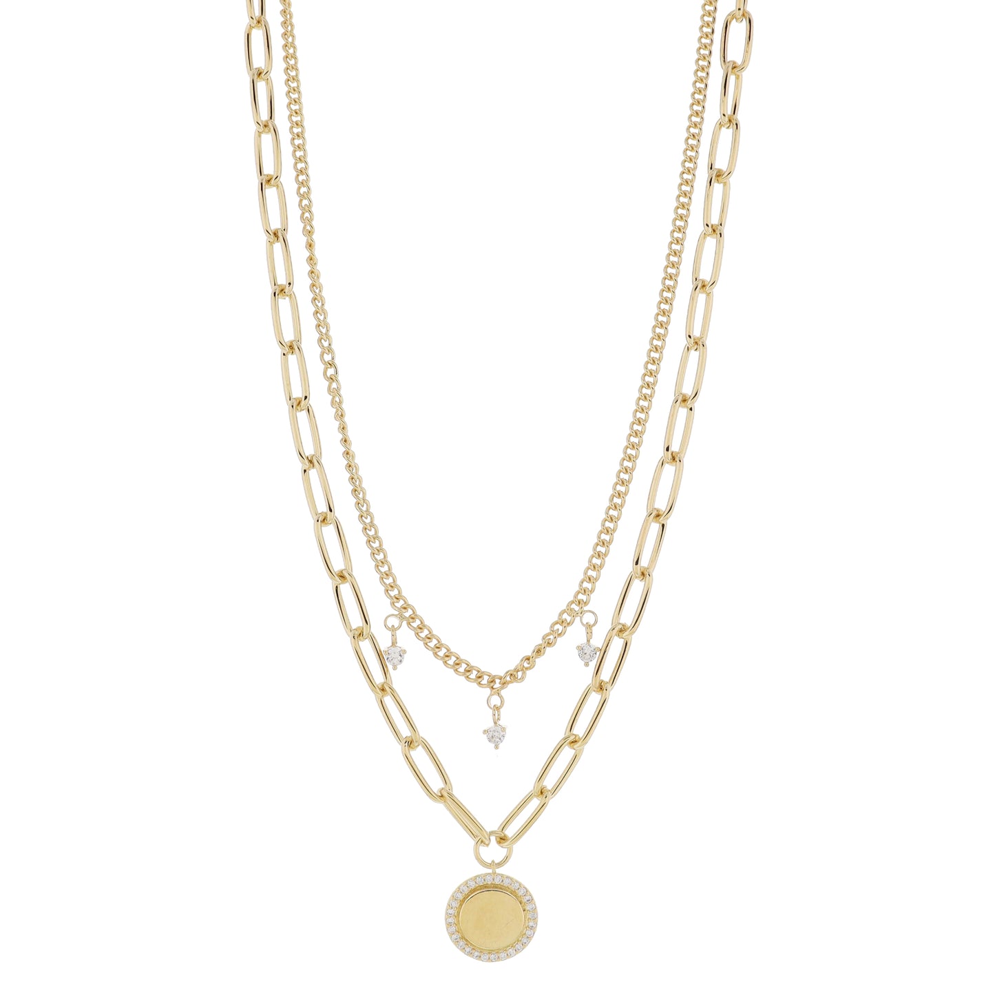 16", 18" Set of 2, Gold Curb Chain with Crystal, Gold Paperclip Chain & Gold Disc Necklace, 3" Ext