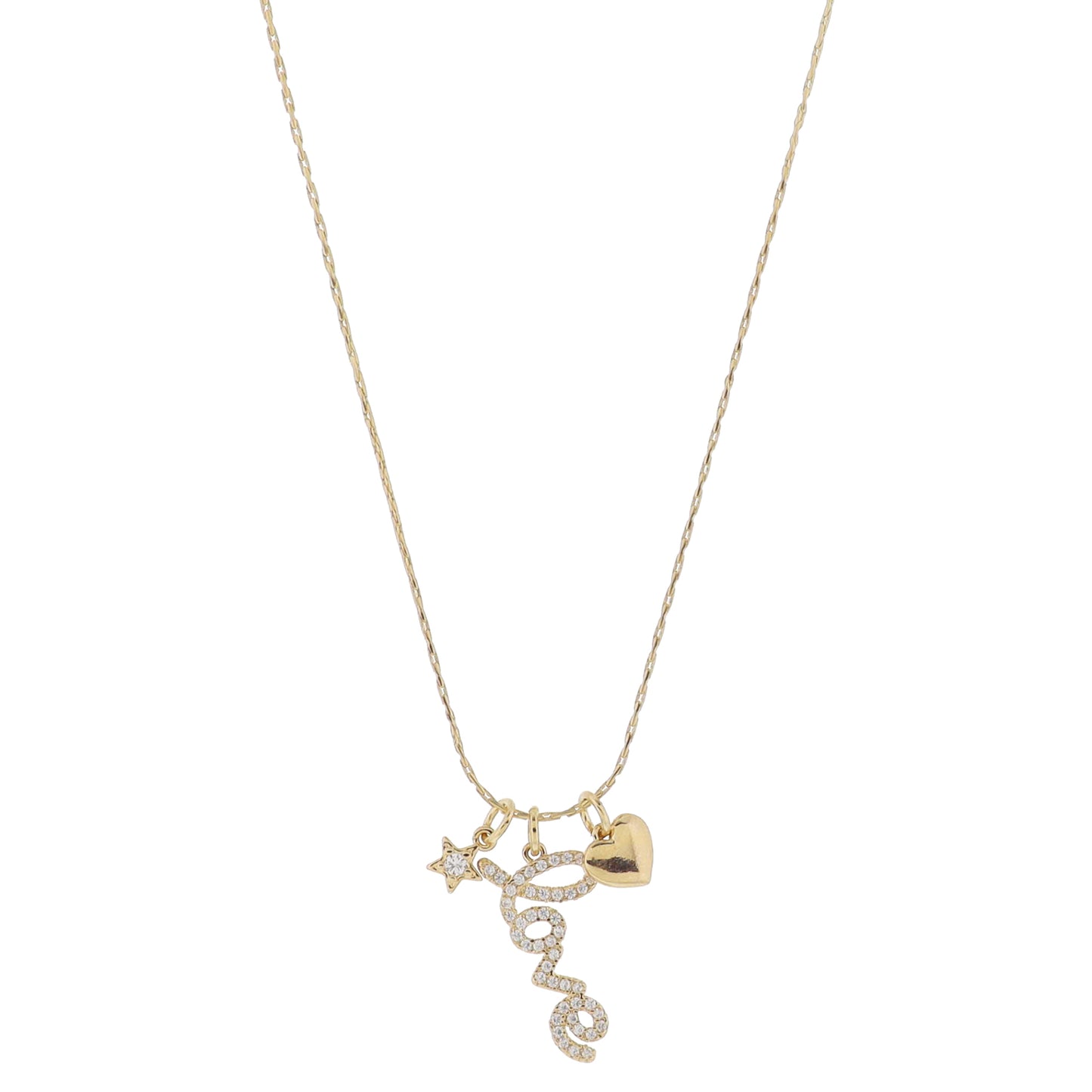 16" Mini Gold Star with Crystal, Pave Crystal Cursive "love", Gold Heart Necklace, 3" Ext
