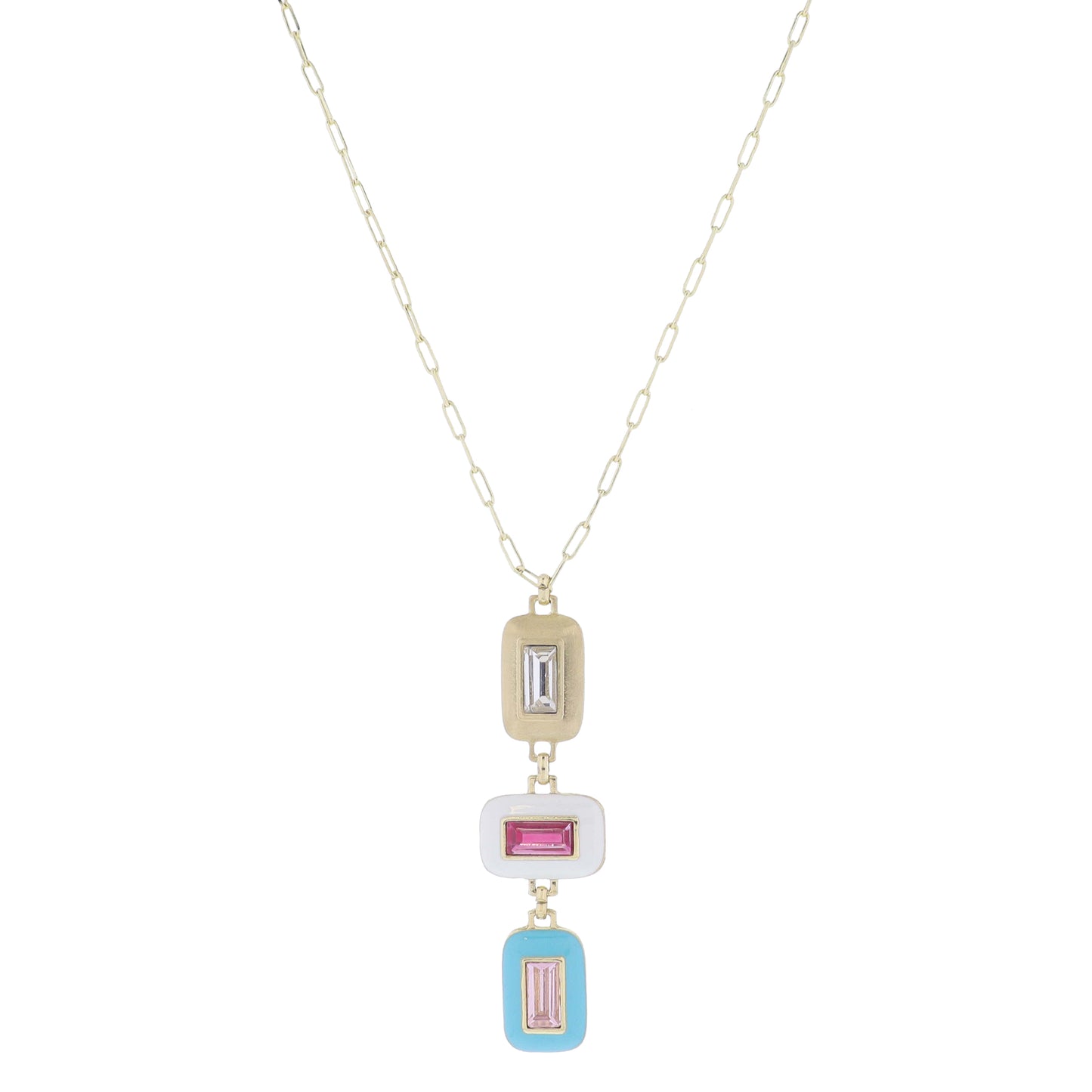 24" Stacked Rectangles, Gold, White & Hot Pink Crystal, Turquoise & Pink Crystal Necklace, 3" Ext