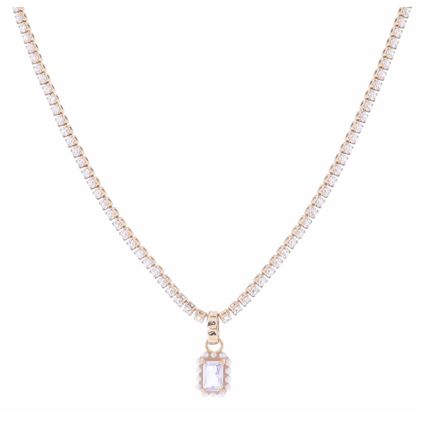 Clear Crystal Tennis and Clear Rectangle Crystal with Mini Pearl Edge Necklace, 2.5" Ext