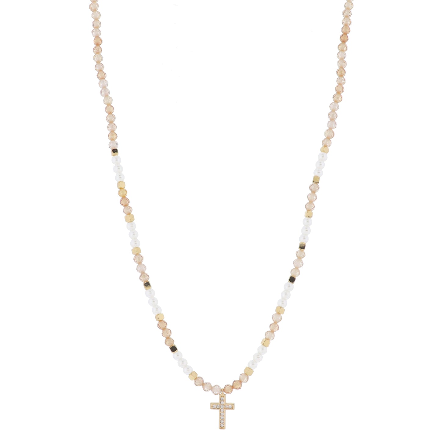 16" Champagne Faceted Sone Beaded with Pearls & Gold Beads with Crystal Cross Necklace, 3" Ext