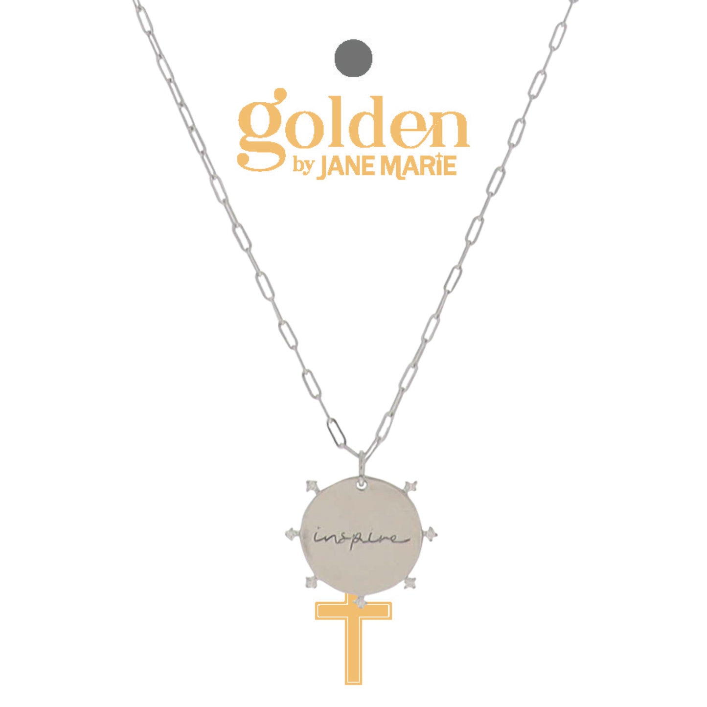16" 18K White Gold Plated Paperclip Chain Necklace with "Inspire" Crystal Accented Disk
