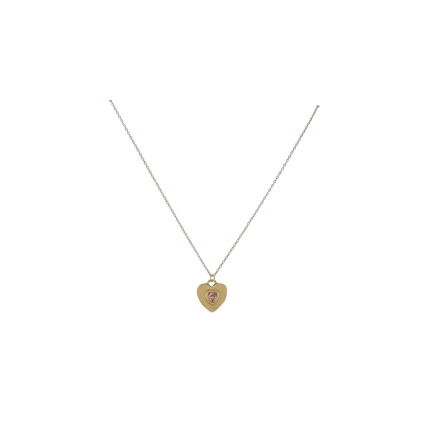 17" 18K Gold Plated Paperclip Chain Necklace with Pink Crystal Heart on Gold Heart Pendant