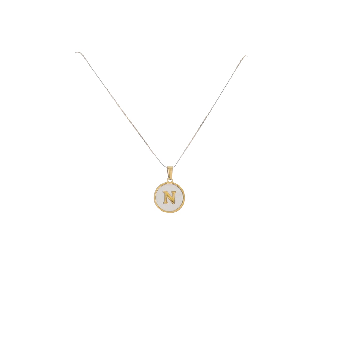 15" 18K Gold Plated Fine Rope Chain Necklace with Initial "N" Pearl Circle