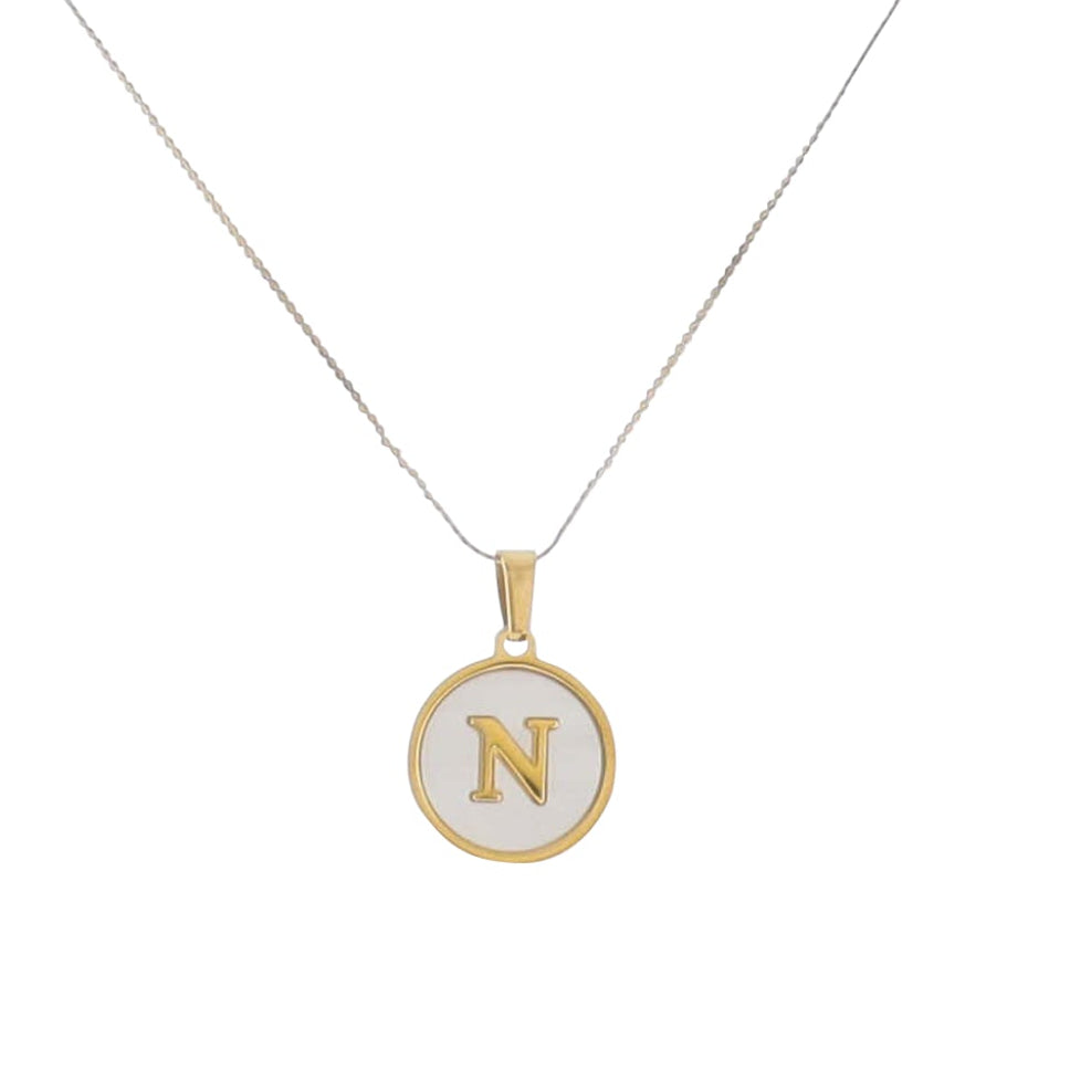 15" 18K Gold Plated Fine Rope Chain Necklace with Initial "N" Pearl Circle