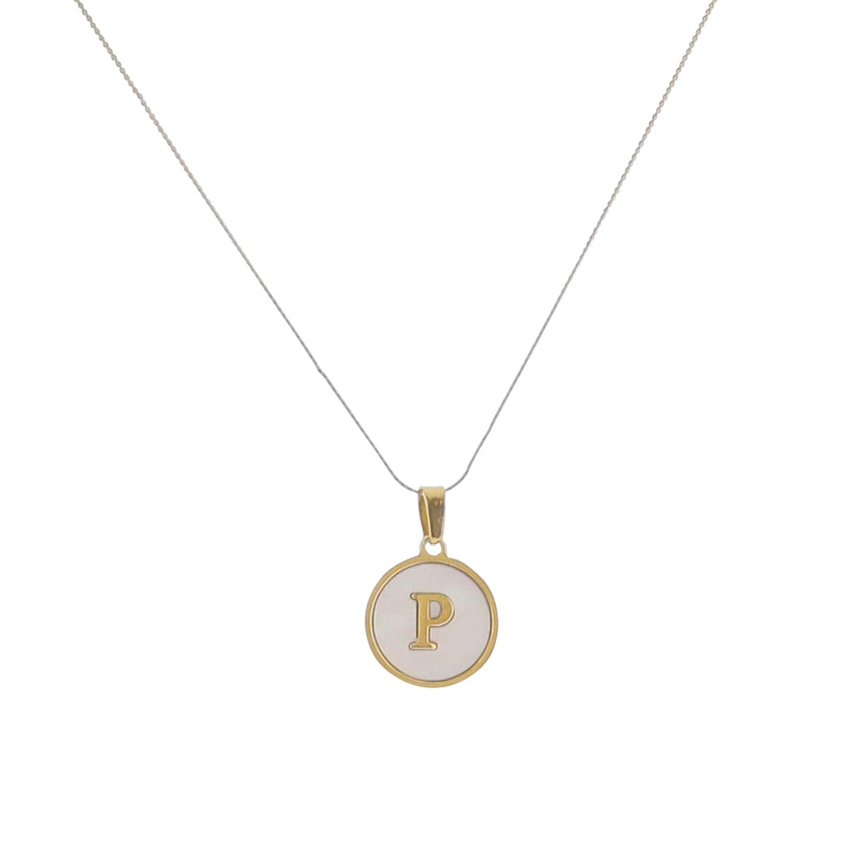 15" 18K Gold Plated Fine Rope Chain Necklace with Initial "P" Pearl Circle