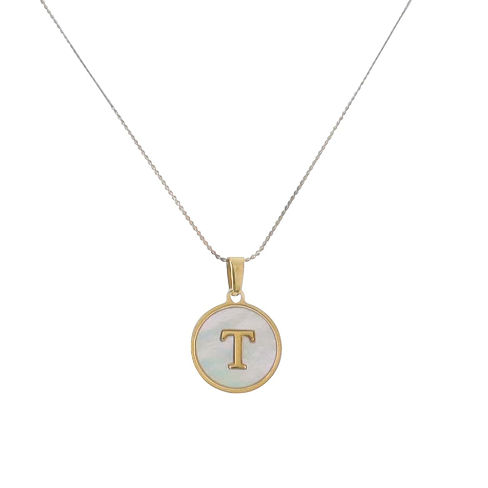 15" 18K Gold Plated Fine Rope Chain Necklace with Initial "T" Pearl Circle