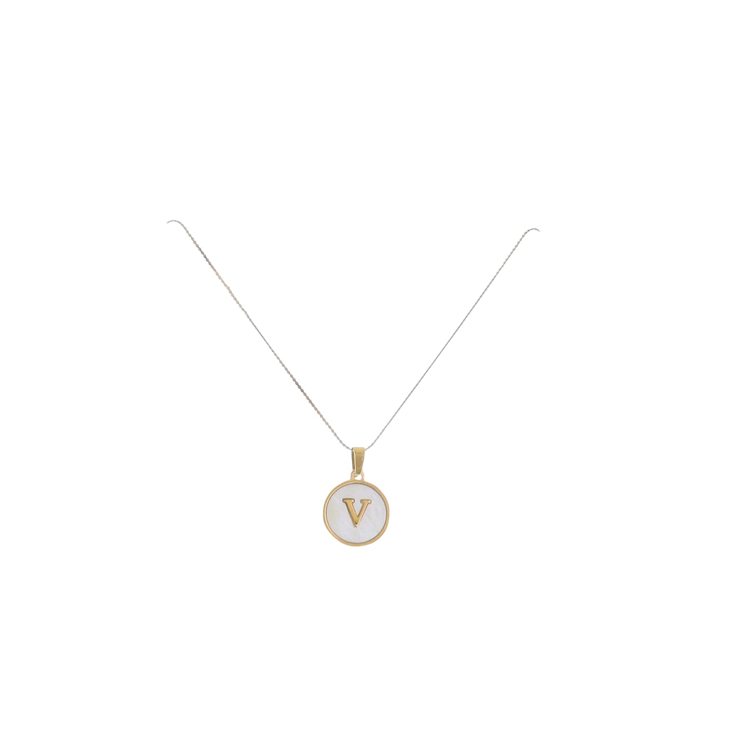 15" 18K Gold Plated Fine Rope Chain Necklace with Initial "V" Pearl Circle