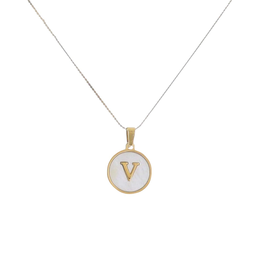15" 18K Gold Plated Fine Rope Chain Necklace with Initial "V" Pearl Circle