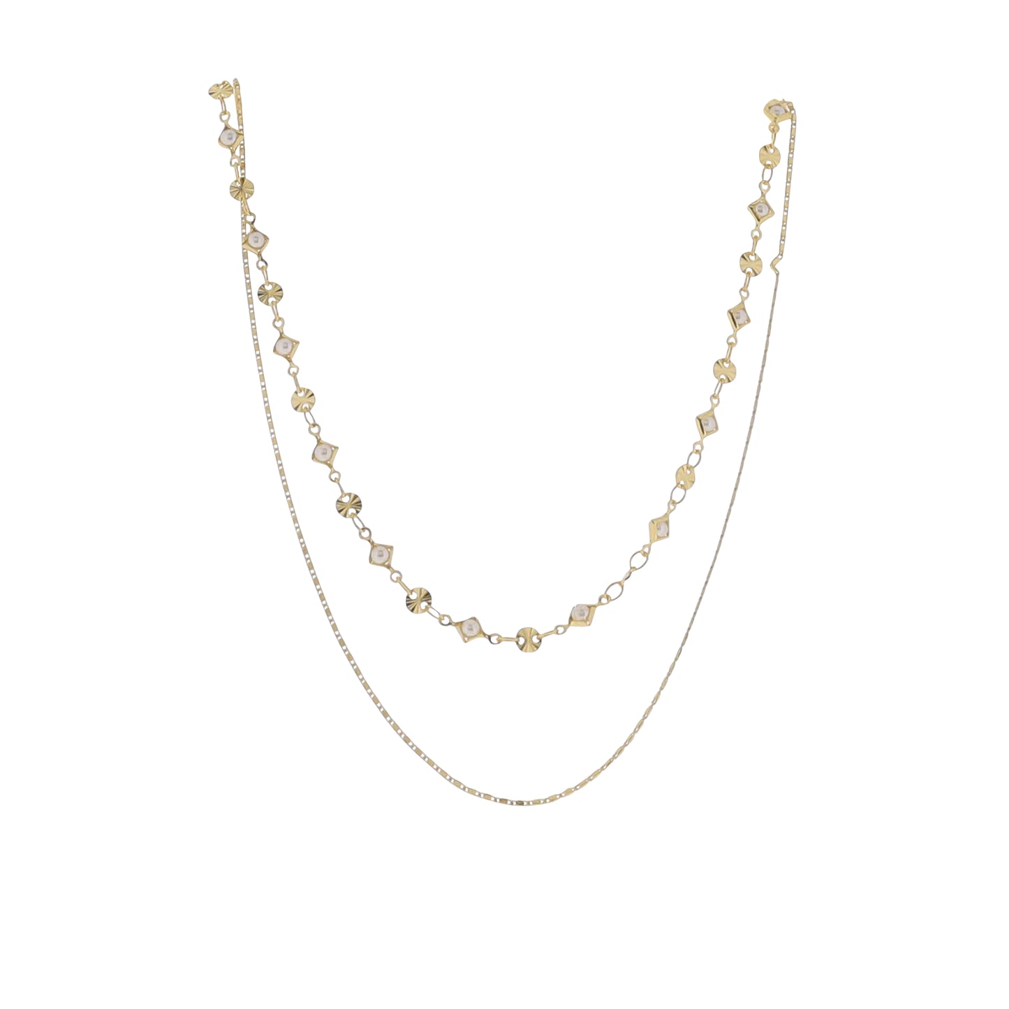 12", 15" 18K Gold Plated Gold Twisted Star, Flat Chain 2 Layer Necklace with Pearl Accents Pendant