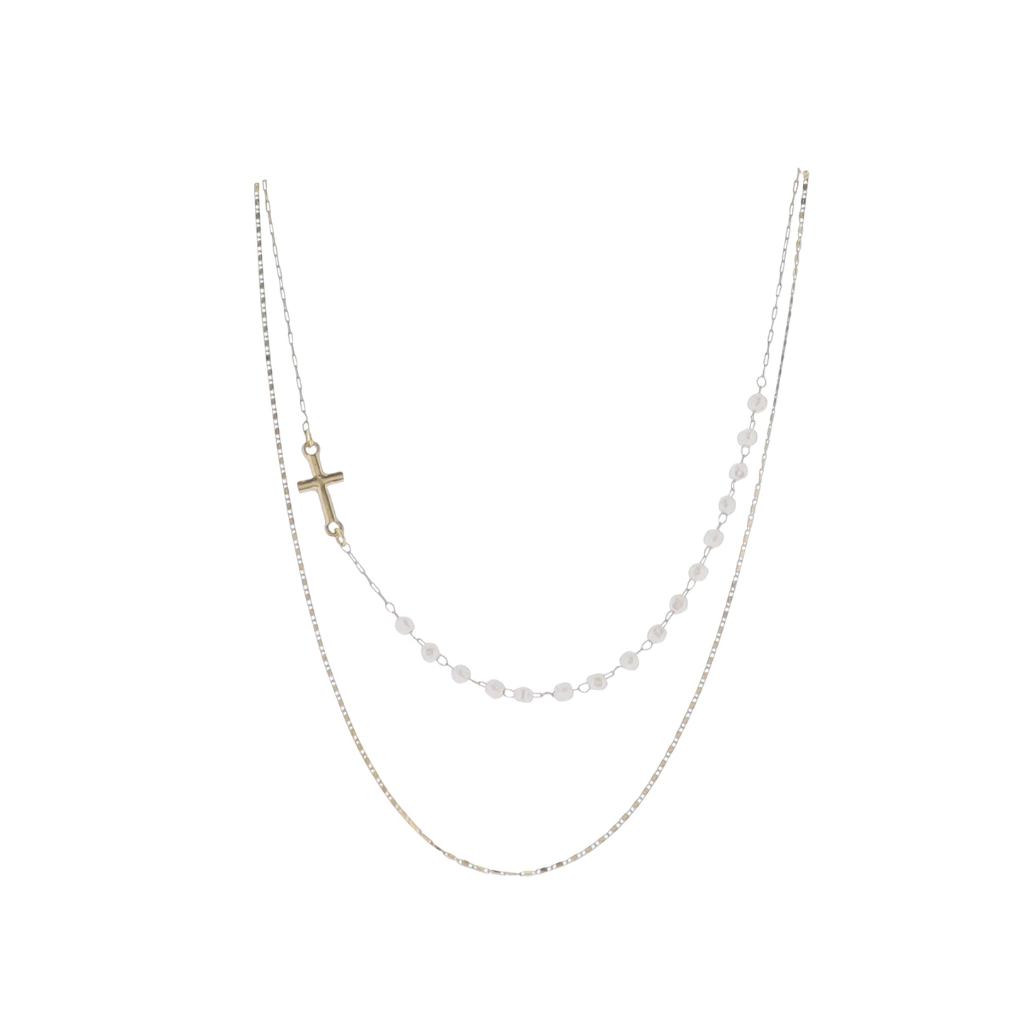 Gold Flat rectangle Chain 2 Layer Necklace with White Pearls & Cross Accent in Chain