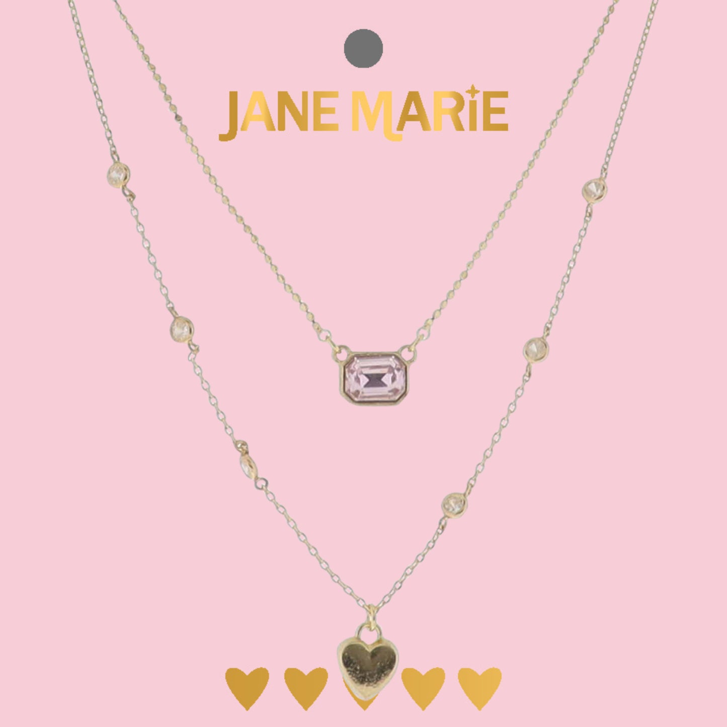 13", 15" Gold Cable, Flat Circle Chain 2 Layer Necklace with Pink Crystal Rectangle & Gold Heart