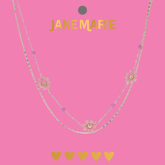 15" Gold Paperclip, Flat rectangle Chain 2 Layer Necklace with Pink Beaded Flowers