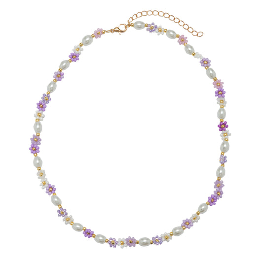 Kids 14" Purple, Lavender Flower & Pearl Beaded Necklace