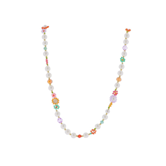 Kids 14" Orange, Teal, Pink Flower & Pearl Beaded Necklace with Seed Bead & Faceted Accents