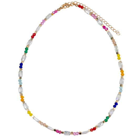 Kids 14" Multi Faceted Beaded Necklace with Clear Faceted Rectangle Beads