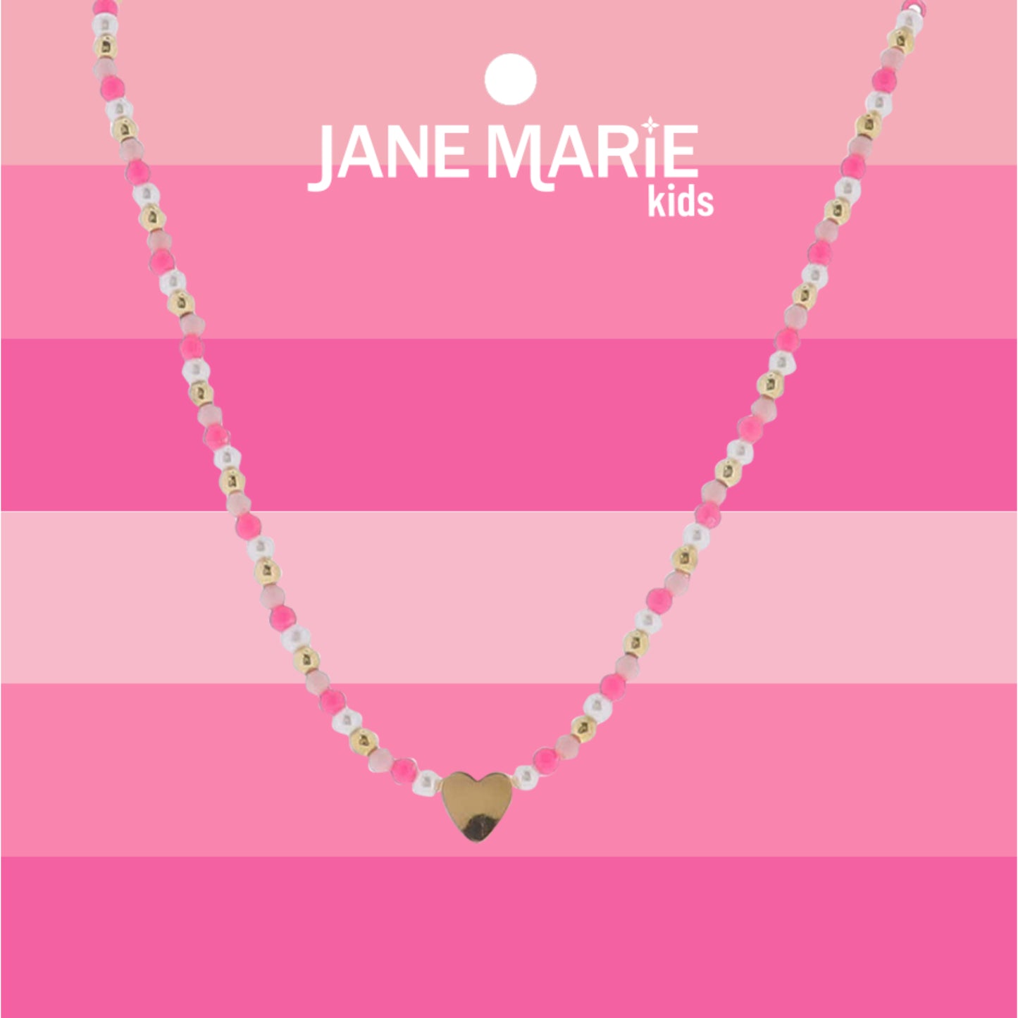 Kids 14" Pink, Pearl, Gold Seed Bead Beaded Necklace with Gold Heart