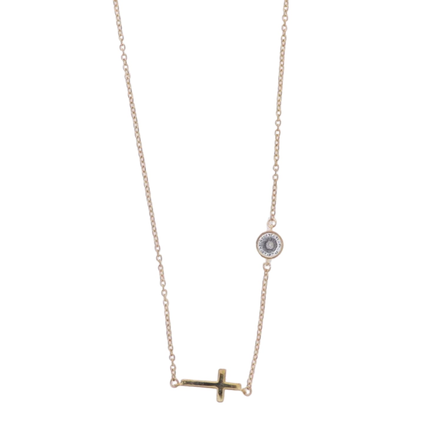 Gold Cable Chain Necklace with Clear Crystal in Chain & Sideways Cross