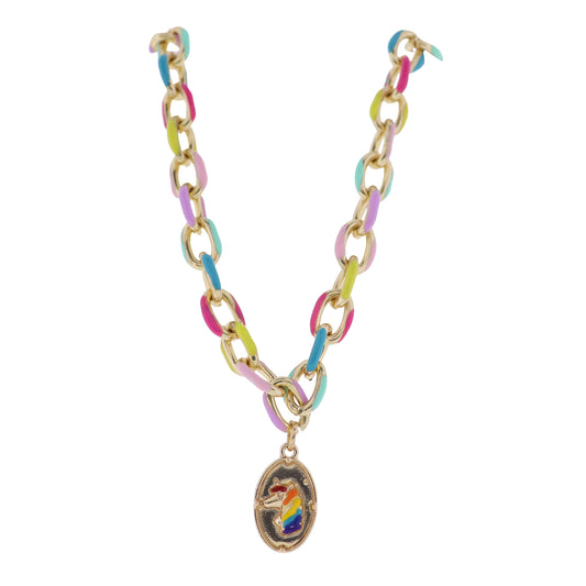 Kids Multi Enamel Chain Necklace with Gold Oval with Unicorn