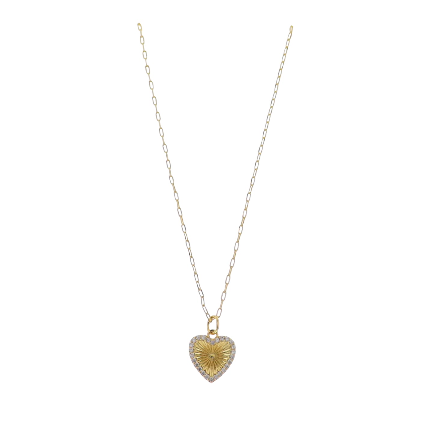 18K Gold Plated Satellite Chain Necklace with Gold Textured Heart with Clear Crystal Edges