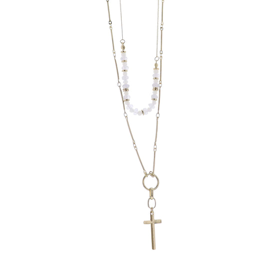 Gold 2 Layer Cable & Bar Chain Necklace with Gold Cross & Opaque Beads